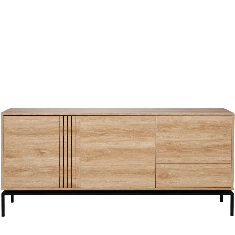KROKOM Buffet 2 portes 3 tiroirs en bois et métal L180cm