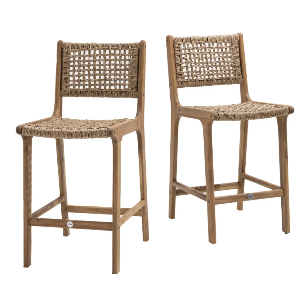 LEXIA Lot de 2 tabourets de bar intérieur/extérieur en bois d'acacia et résine tressée H76cm