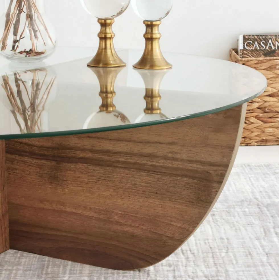 LILA Table basse ronde en verre trempé et bois ø90cm
