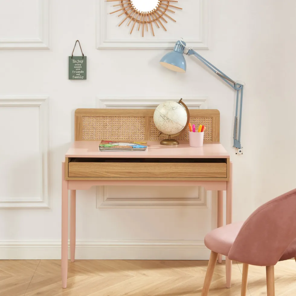 LILOU Bureau enfant 1 tiroir en bois et cannage H95cm