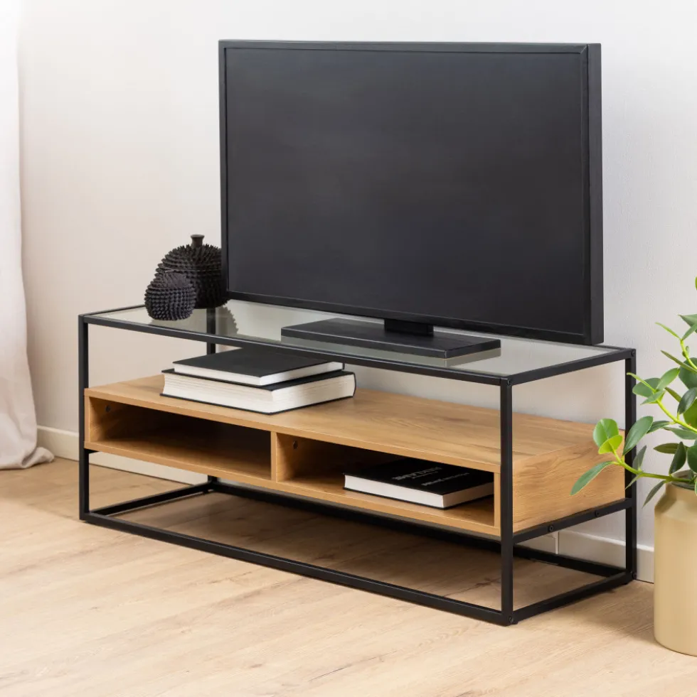 LUMA Meuble TV en verre, bois et métal L120cm