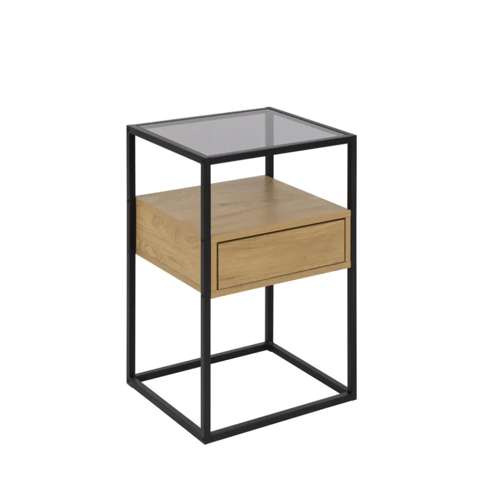 LUMA Table de chevet 1 tiroir en verre, bois et métal