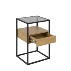 LUMA Table de chevet 1 tiroir en verre, bois et métal