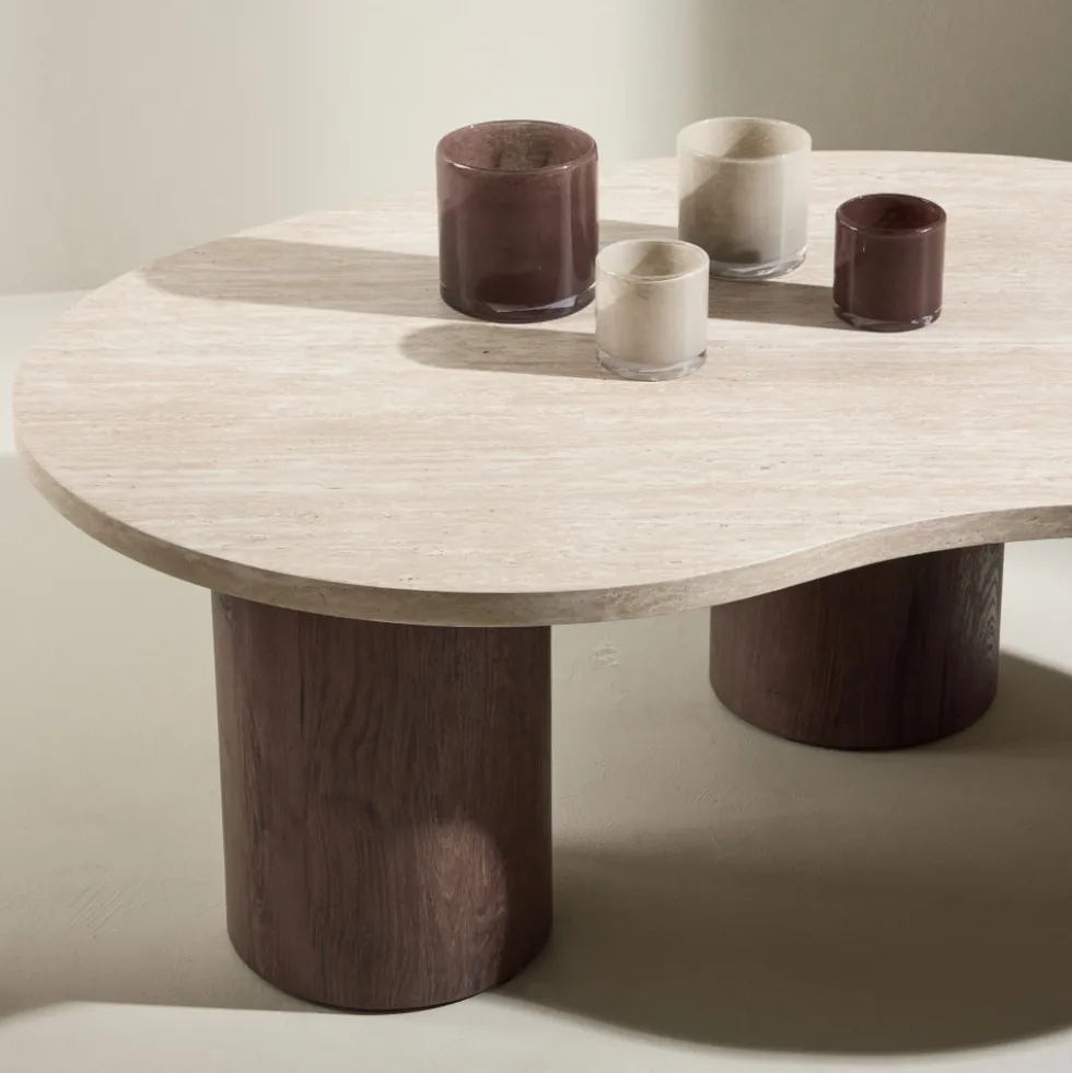 MEGG Table basse organique effet travertin et bois 130x78cm
