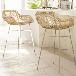 NUNUHAI Lot de 2 tabourets de bar en rotin pieds beiges H68cm