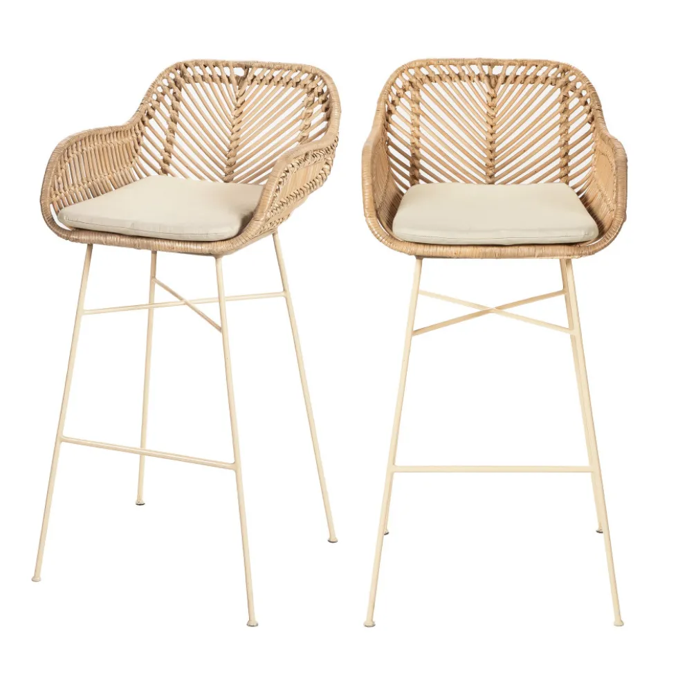 NUNUHAI Lot de 2 tabourets de bar en rotin pieds beiges 76cm