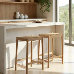 PAOLO Tabouret de bar en corde tressée et bois H65cm