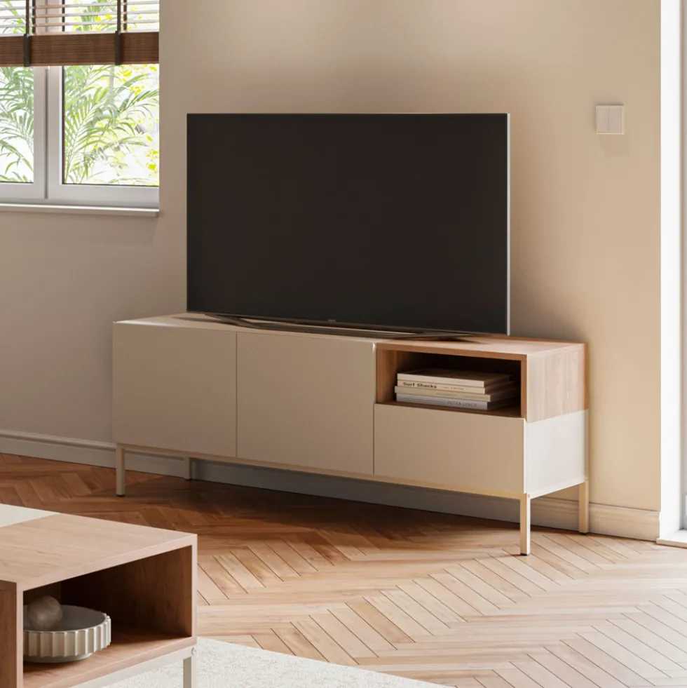 QUENOR Meuble TV 2 portes 1 tiroir en bois et métal L140cm