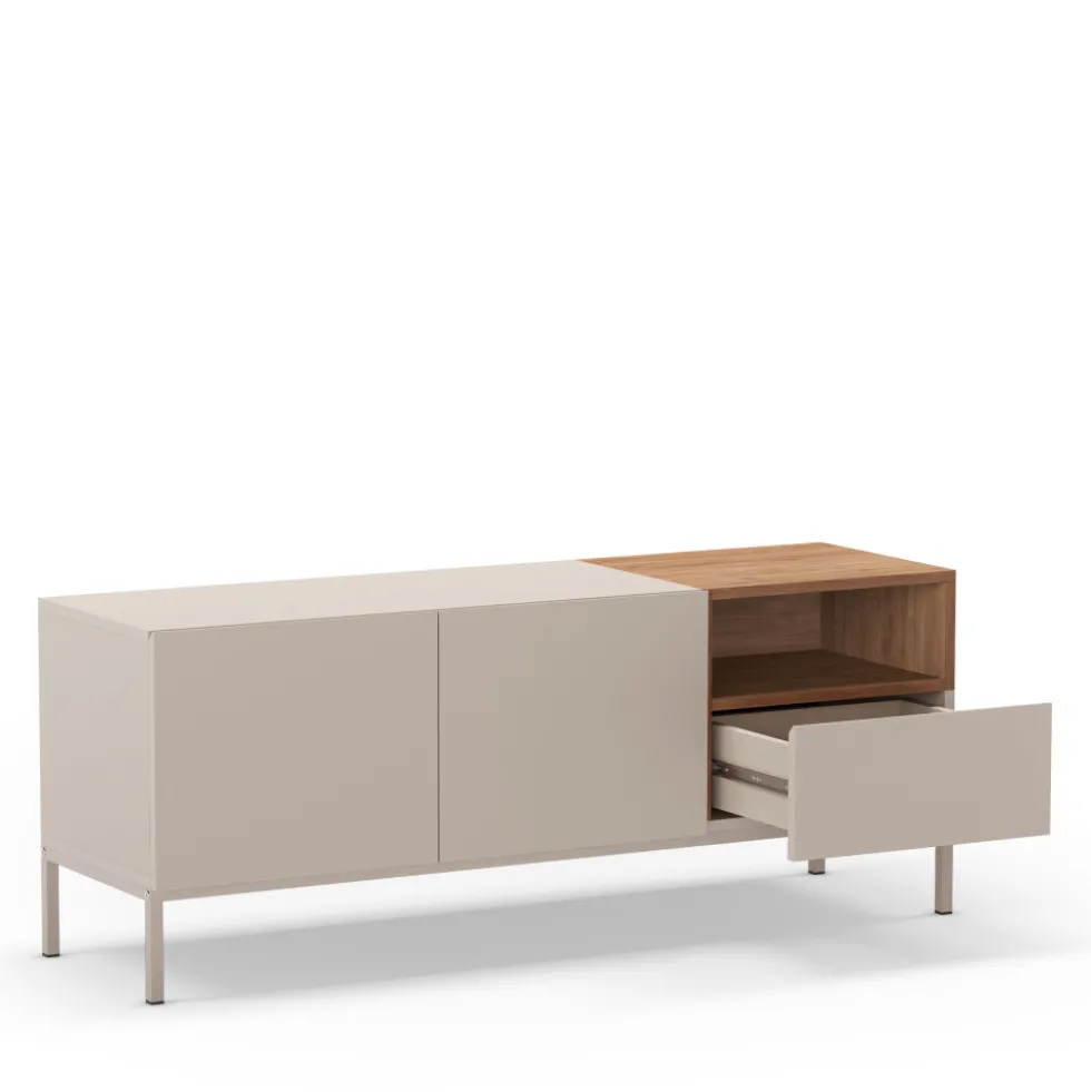 QUENOR Meuble TV 2 portes 1 tiroir en bois et métal L140cm