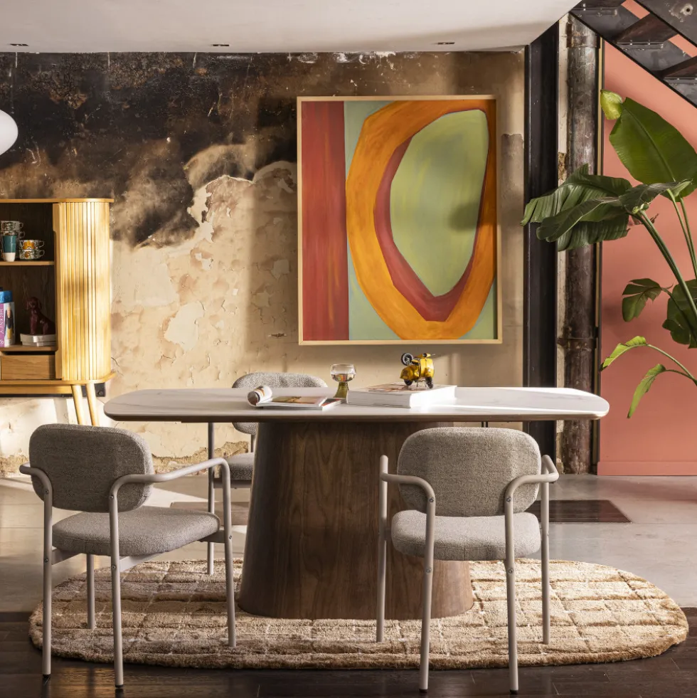 RENO Table à manger 8 personnes effet marbre et bois