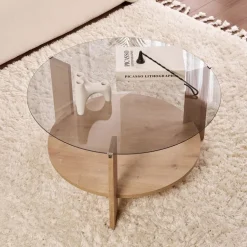 RIA Table basse ronde en verre fumé et bois ø75cm