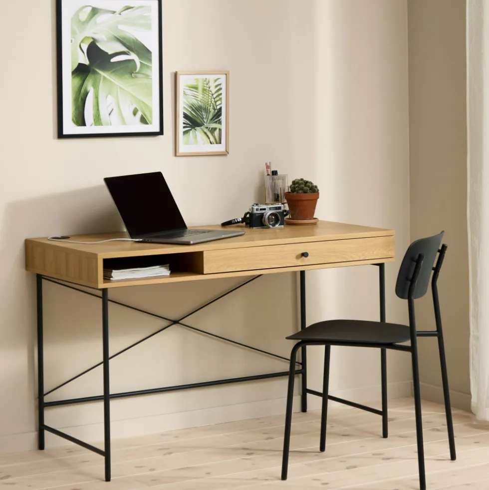RINTO Bureau 1 tiroir 1 niche en bois et métal L120cm