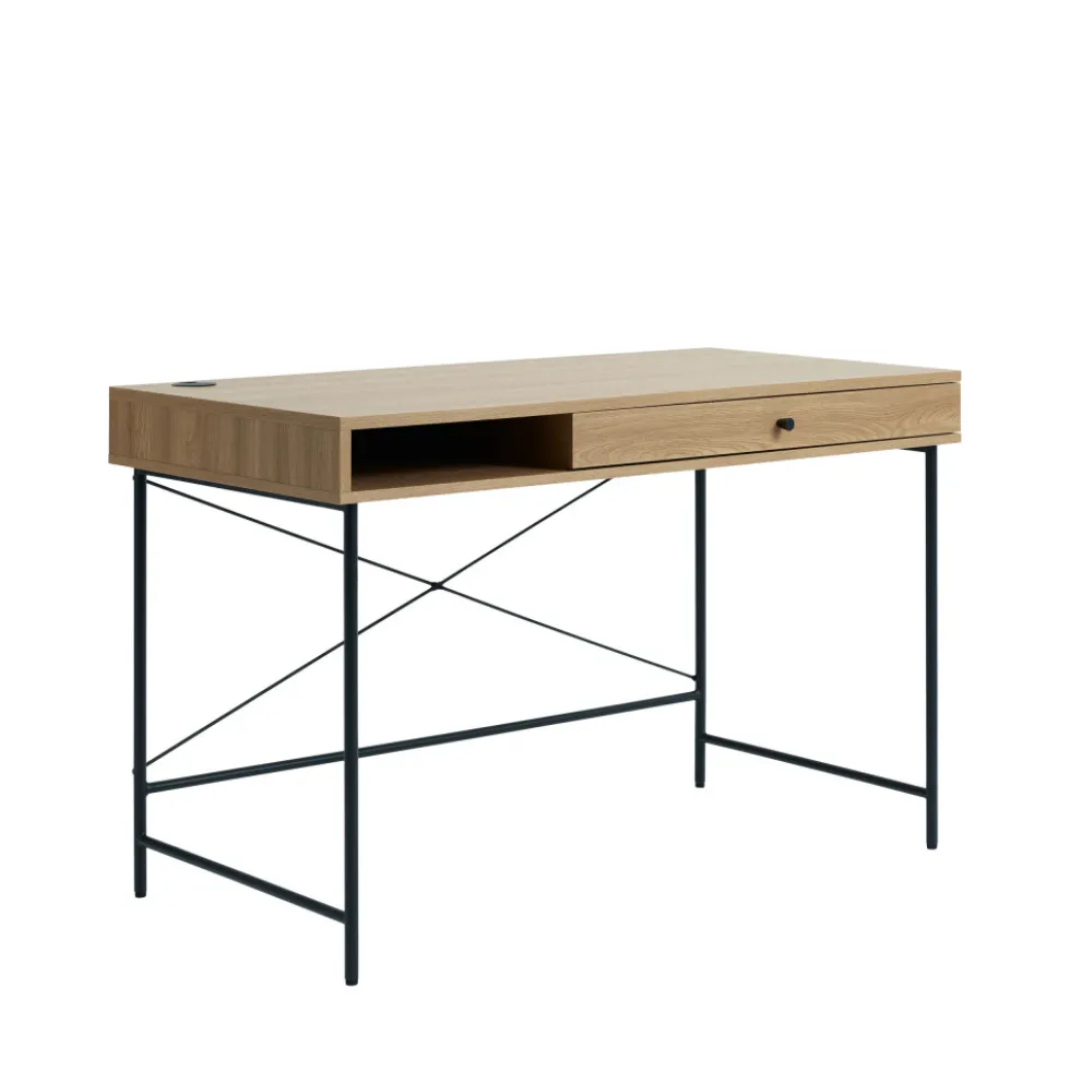 RINTO Bureau 1 tiroir 1 niche en bois et métal L120cm