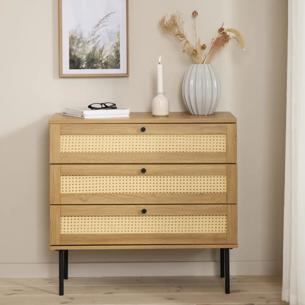 RINTO Commode 3 tiroirs en bois et métal L80cm