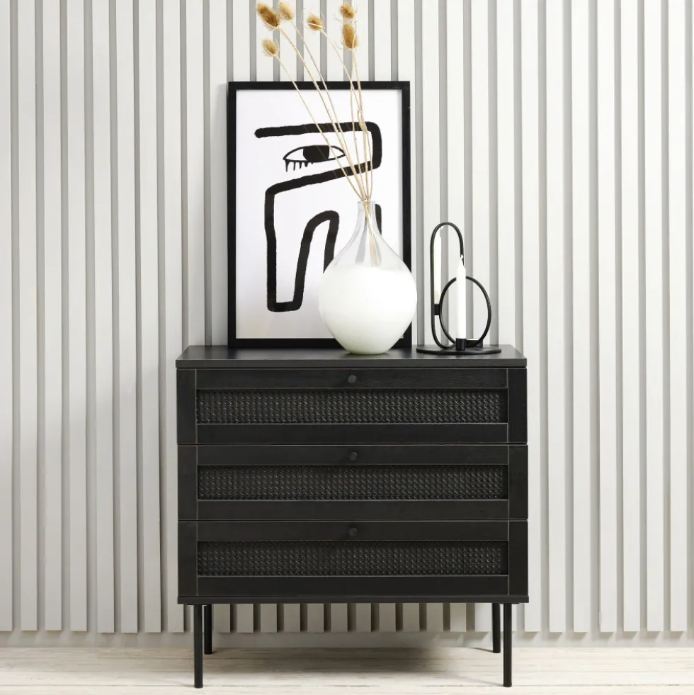 RINTO Commode 3 tiroirs en bois et métal L80cm