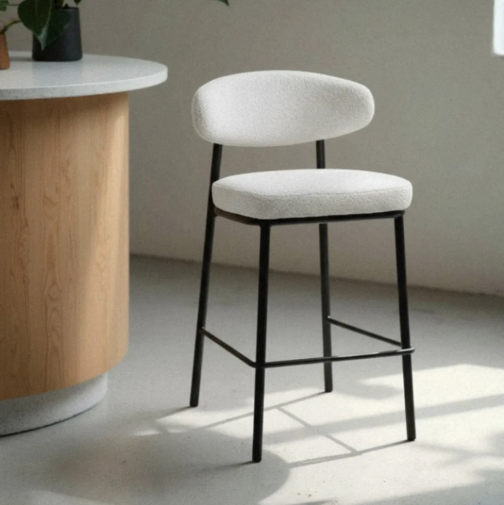 RODE Lot de 2 chaises de bar en tissu bouclette, bois et métal H65cm