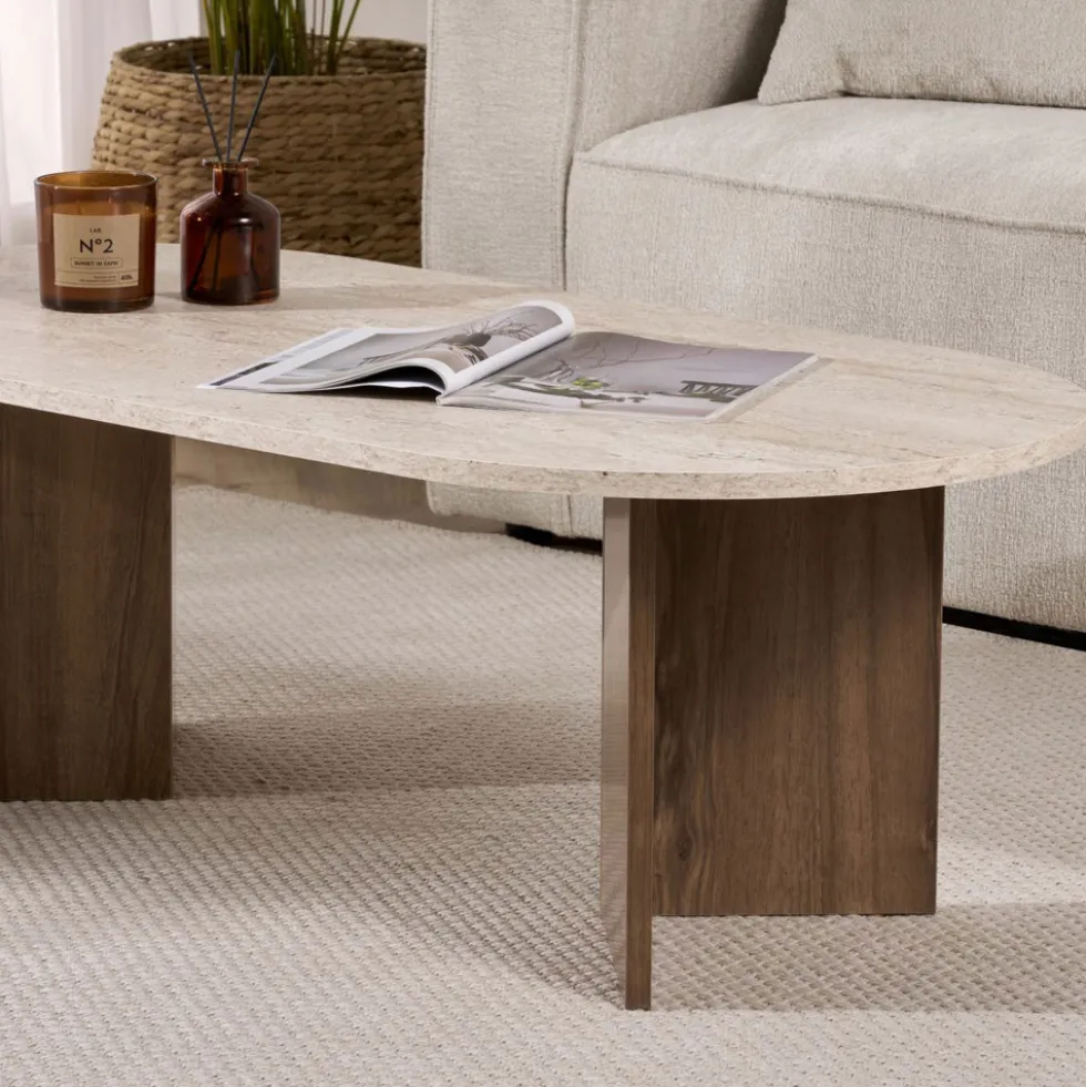 SAM Table basse ovale en bois et effet travertin