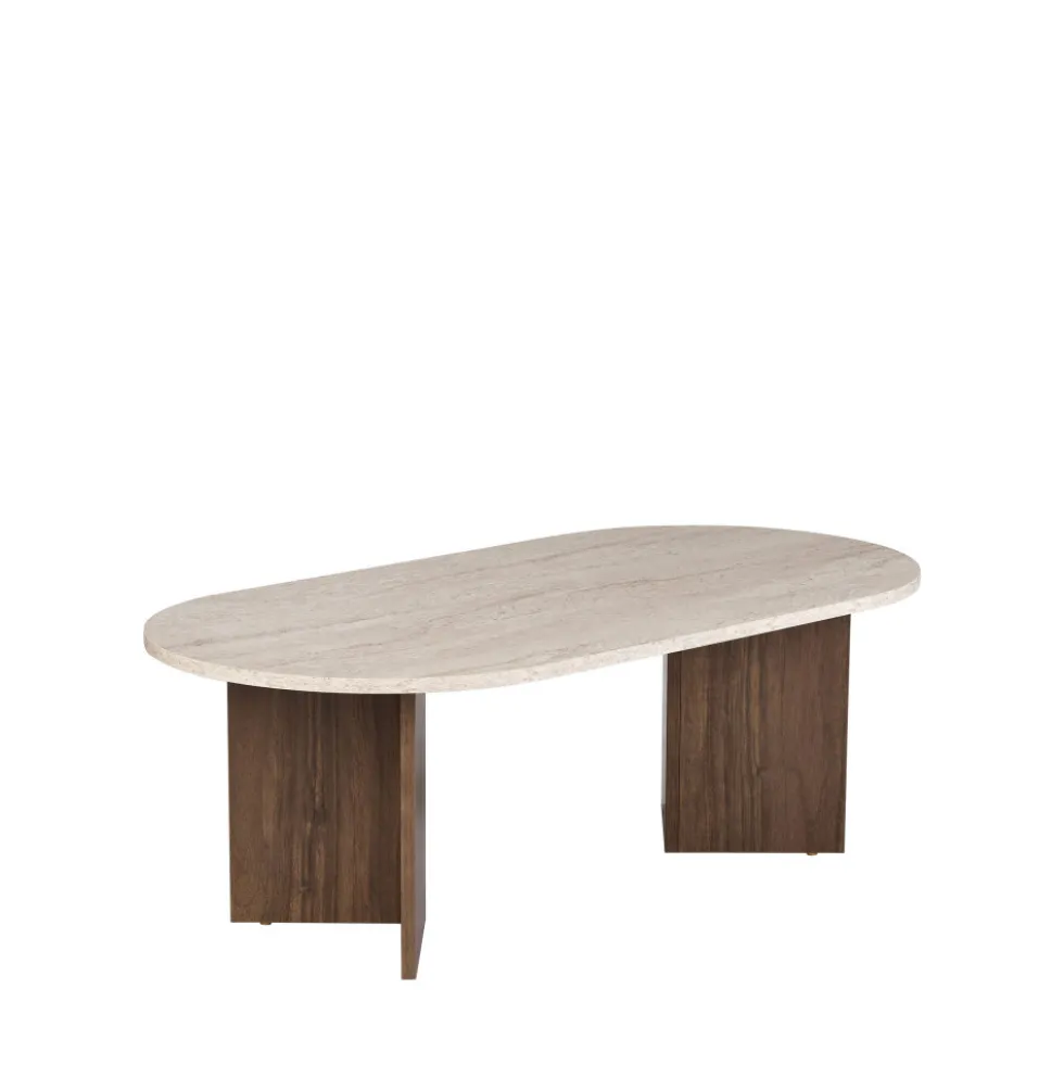 SAM Table basse ovale en bois et effet travertin