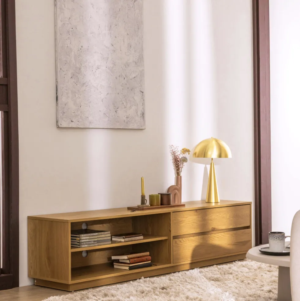 SINCE Meuble tv 2 tiroirs, 2 niches en bois L180cm