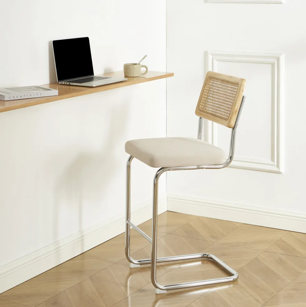 SKANA Lot de 2 chaises de bar en velours côtelé pieds chrome H66cm
