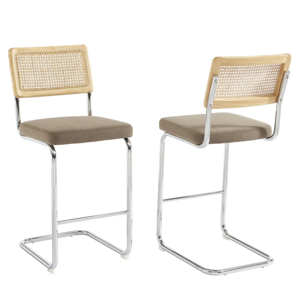 SKANA Lot de 2 chaises de bar en velours côtelé pieds chrome H66cm
