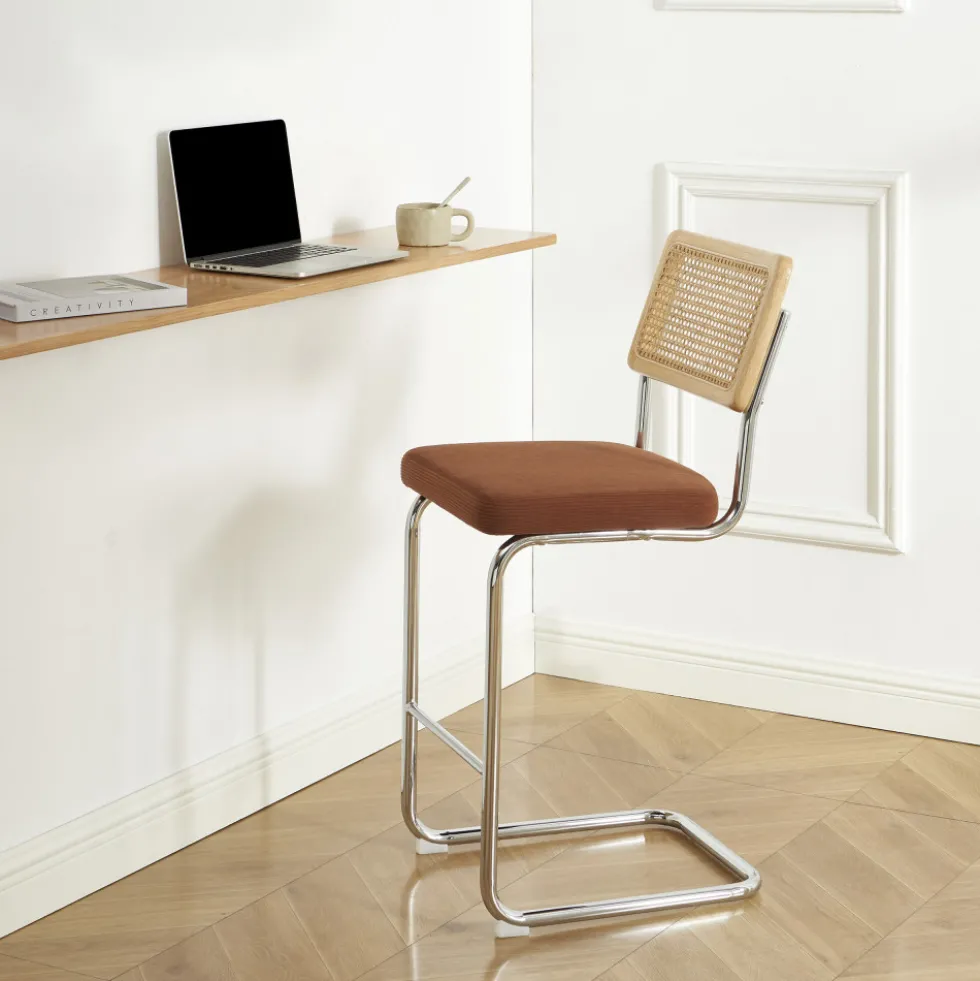 SKANA Lot de 2 chaises de bar en velours côtelé pieds chrome H66cm