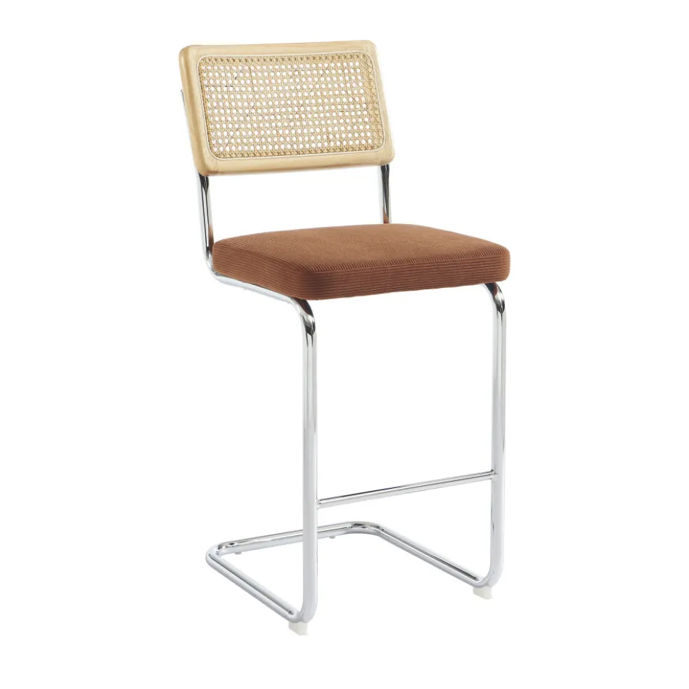 SKANA Lot de 2 chaises de bar en velours côtelé pieds chrome H66cm