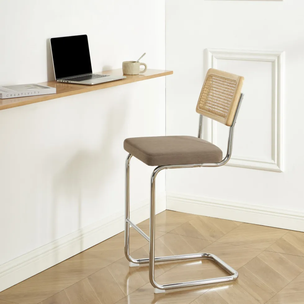 SKANA Lot de 2 chaises de bar en velours côtelé pieds chrome H66cm