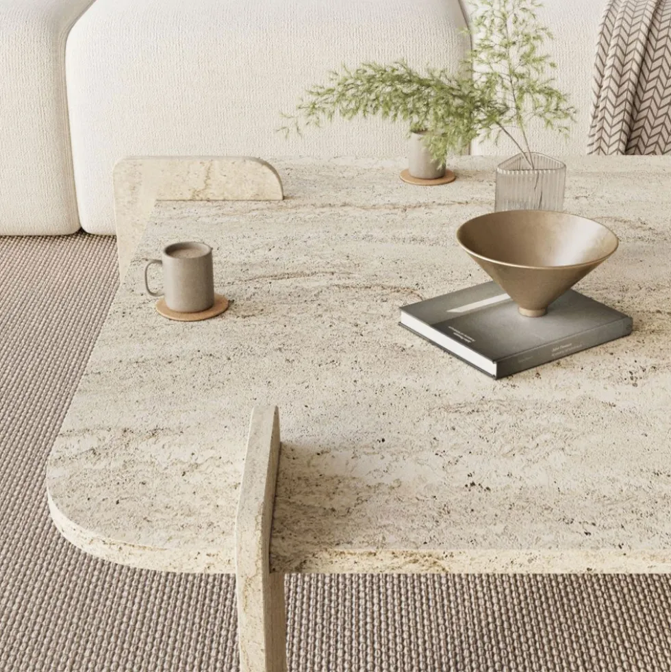 SOLENI Table basse effet travertin 90x90cm