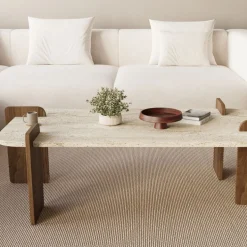 SOLENI Table basse en bois et effet travertin 120x60cm