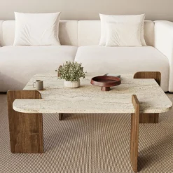 SOLENI Table basse en bois et effet travertin 90x90cm