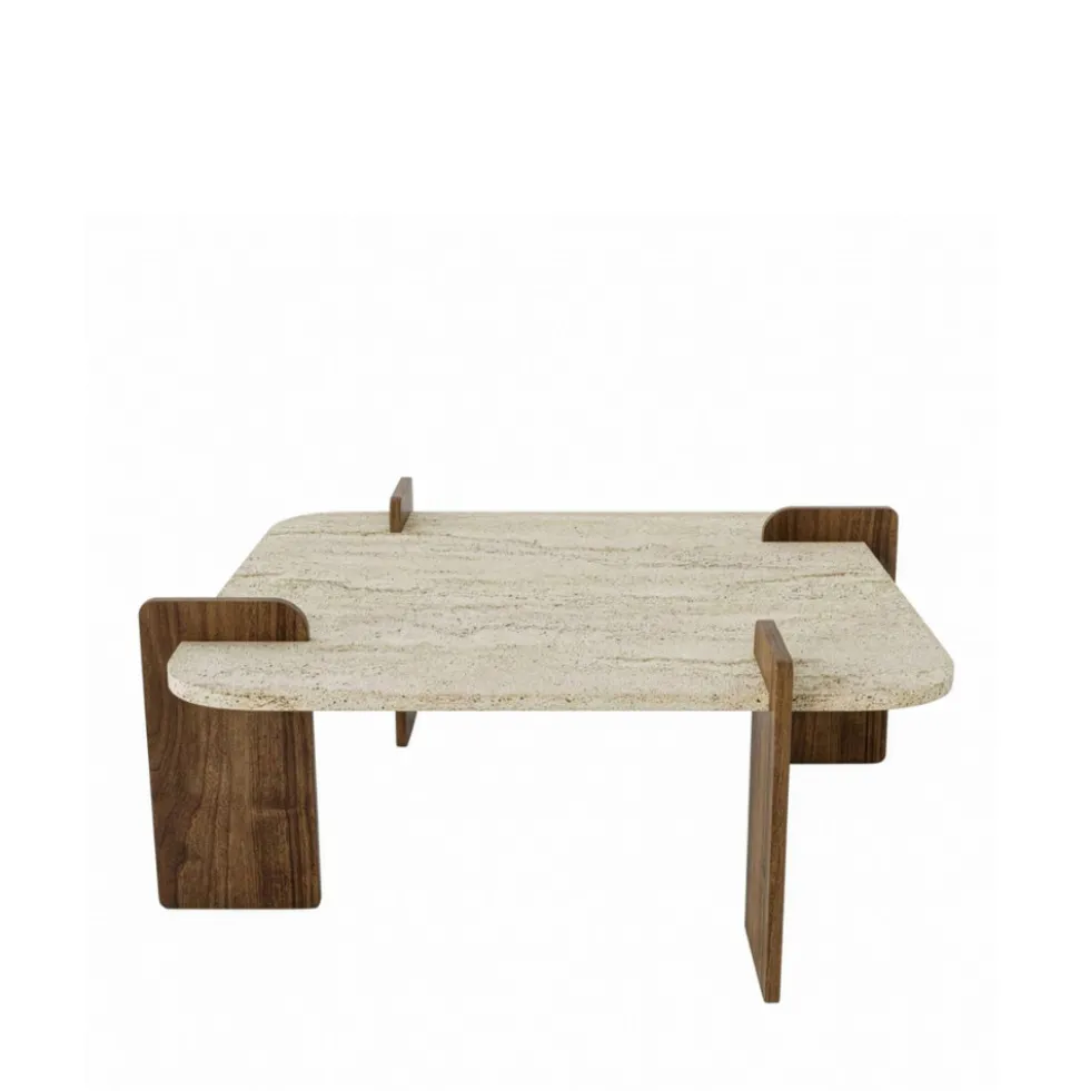 SOLENI Table basse en bois et effet travertin 90x90cm
