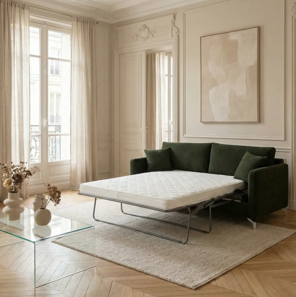 STEFFEN Canapé convertible express 3 places en tissu et pieds chrome