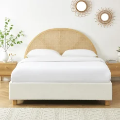 TAJUR Lit coffre en tissu bouclette et cannage 160x200cm