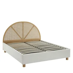 TAJUR Lit coffre en tissu bouclette et cannage 160x200cm