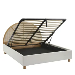 TAJUR Lit coffre en tissu bouclette et cannage 160x200cm