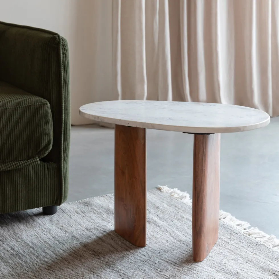 TANDA Table d'appoint organique en marbre et bois 37x56cm