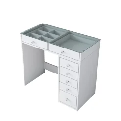 TIYA Coiffeuse 7 tiroirs avec plateau en verre L90cm