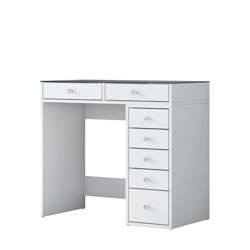 TIYA Coiffeuse 7 tiroirs avec plateau en verre L90cm
