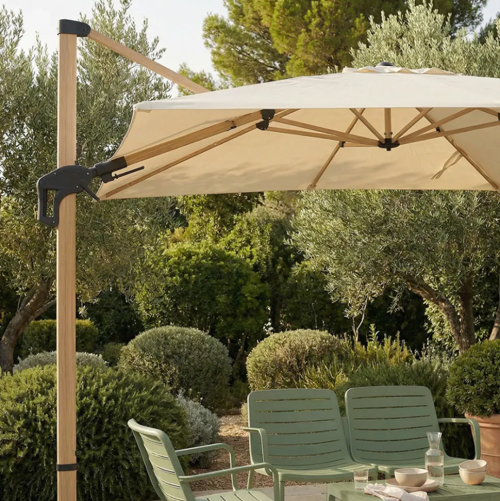 VEYA Parasol rectangulaire déporté en aluminium et effet bois 3x4m