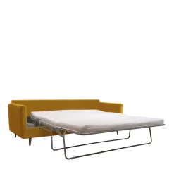 VILLABON Canapé convertible 4 places en velours pieds bois foncé