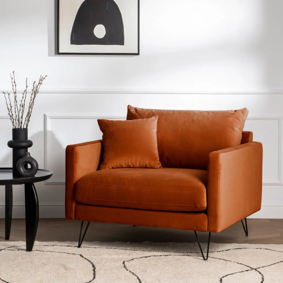 VILLABON Fauteuil XL en velours pieds épingles noirs
