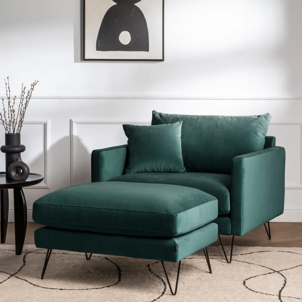 VILLABON Pouf en velours pieds épingles noirs