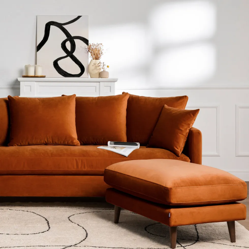 VILLABON Pouf en velours pieds bois foncé