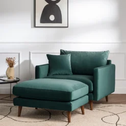 VILLABON Pouf en velours pieds bois foncé