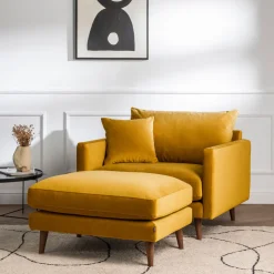 VILLABON Pouf en velours pieds bois foncé