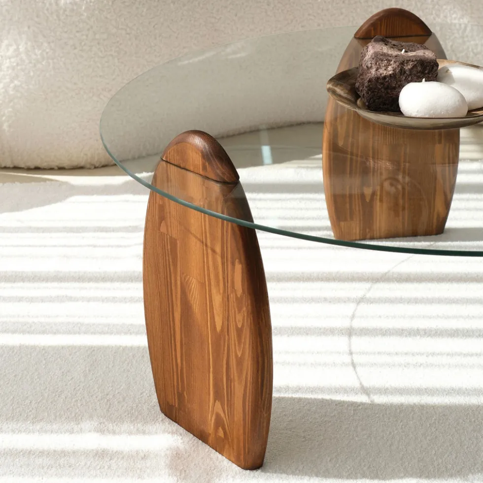 WO Table basse ronde en verre trempé et bois ø90cm